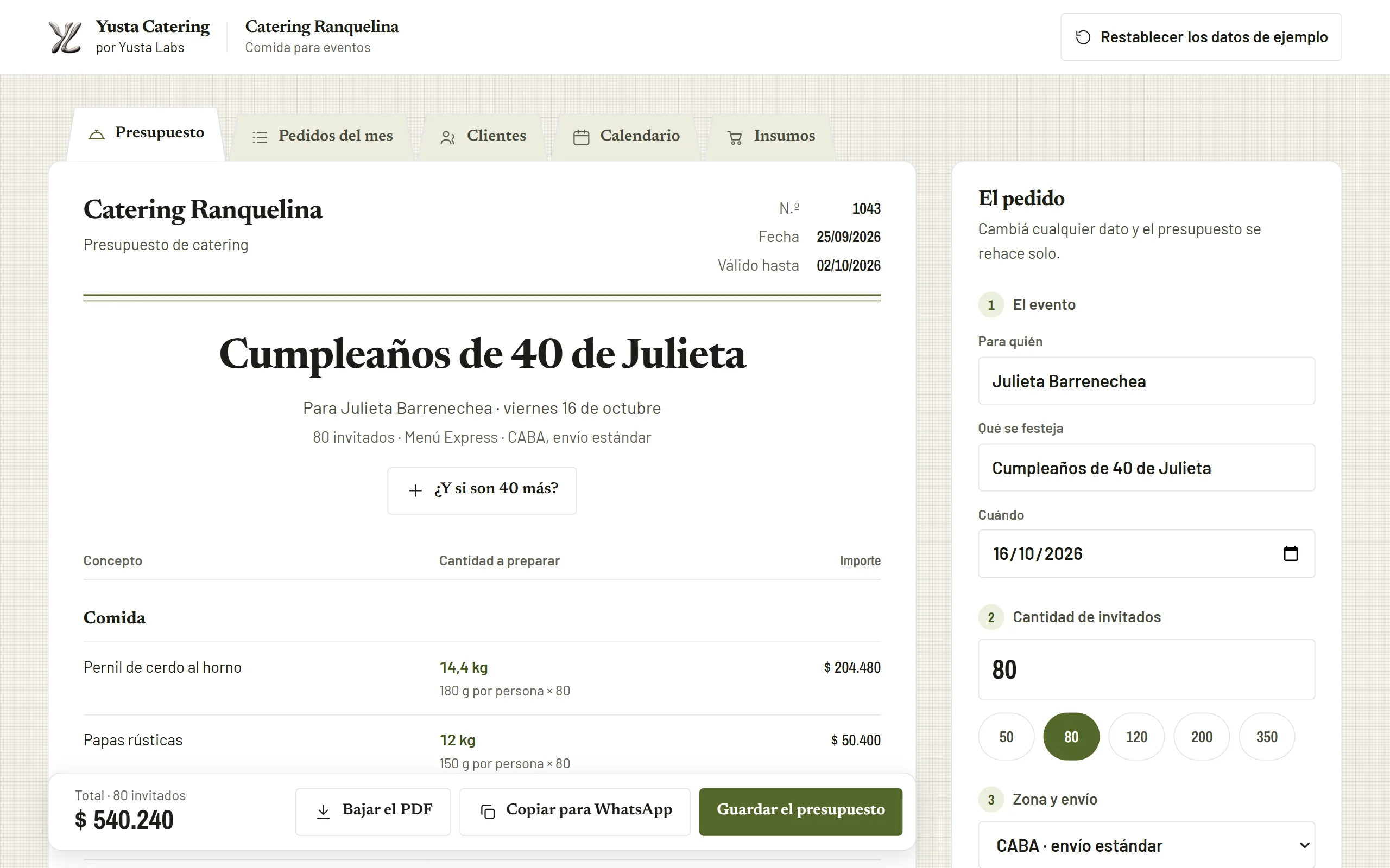 Yusta Catering: el presupuesto de un evento, con el total por invitado.