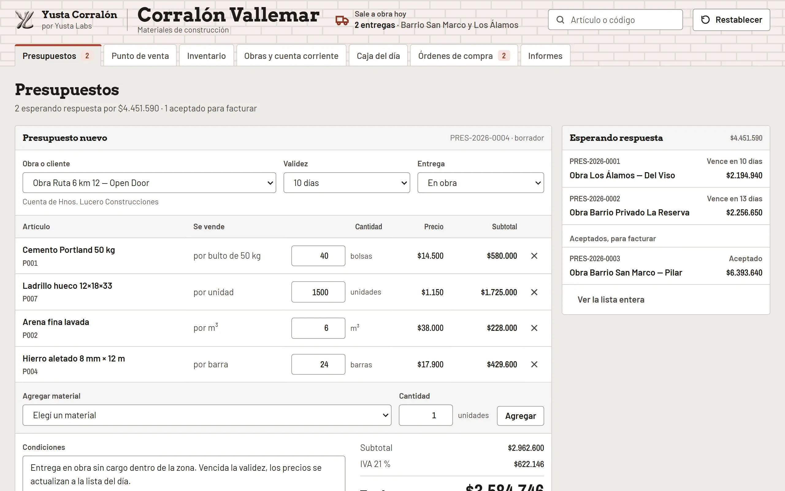Yusta Corralón: el presupuesto de una obra, material por material.