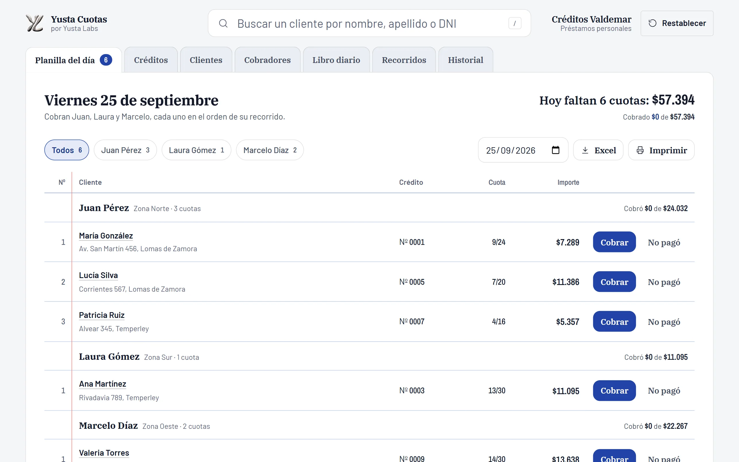 Yusta Cuotas: la planilla de cobros del día y el buscador de clientes.