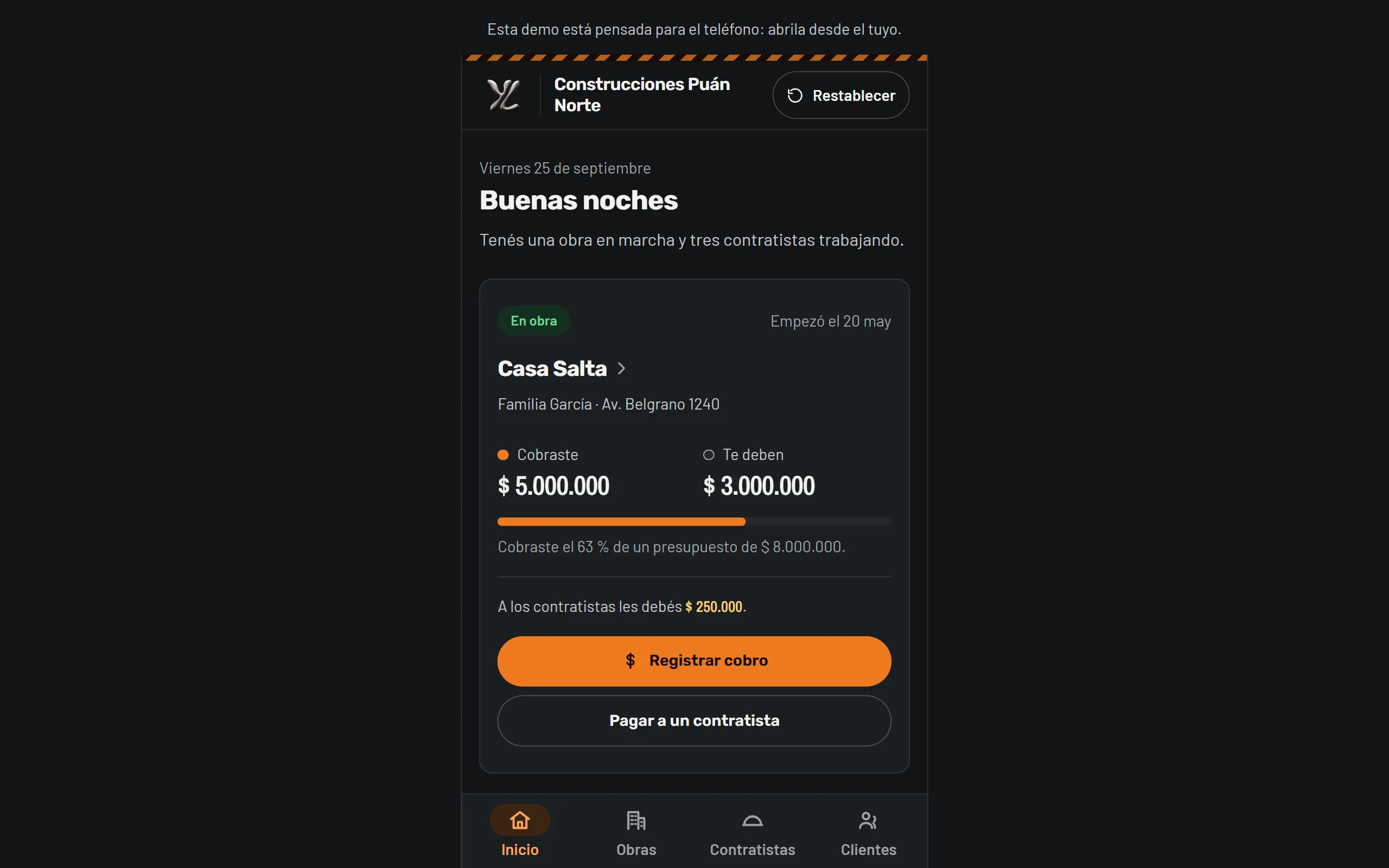 Yusta Obras: la obra activa en el teléfono, lo cobrado y lo que falta cobrar.